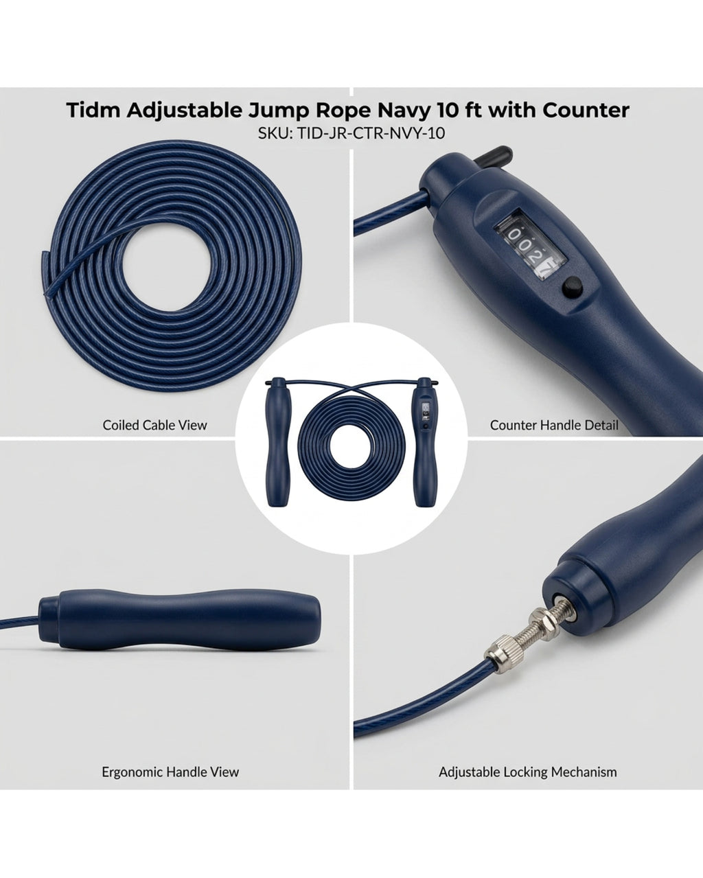 Tidm Adjustable Jump Rope Navy 10 ft with Counter