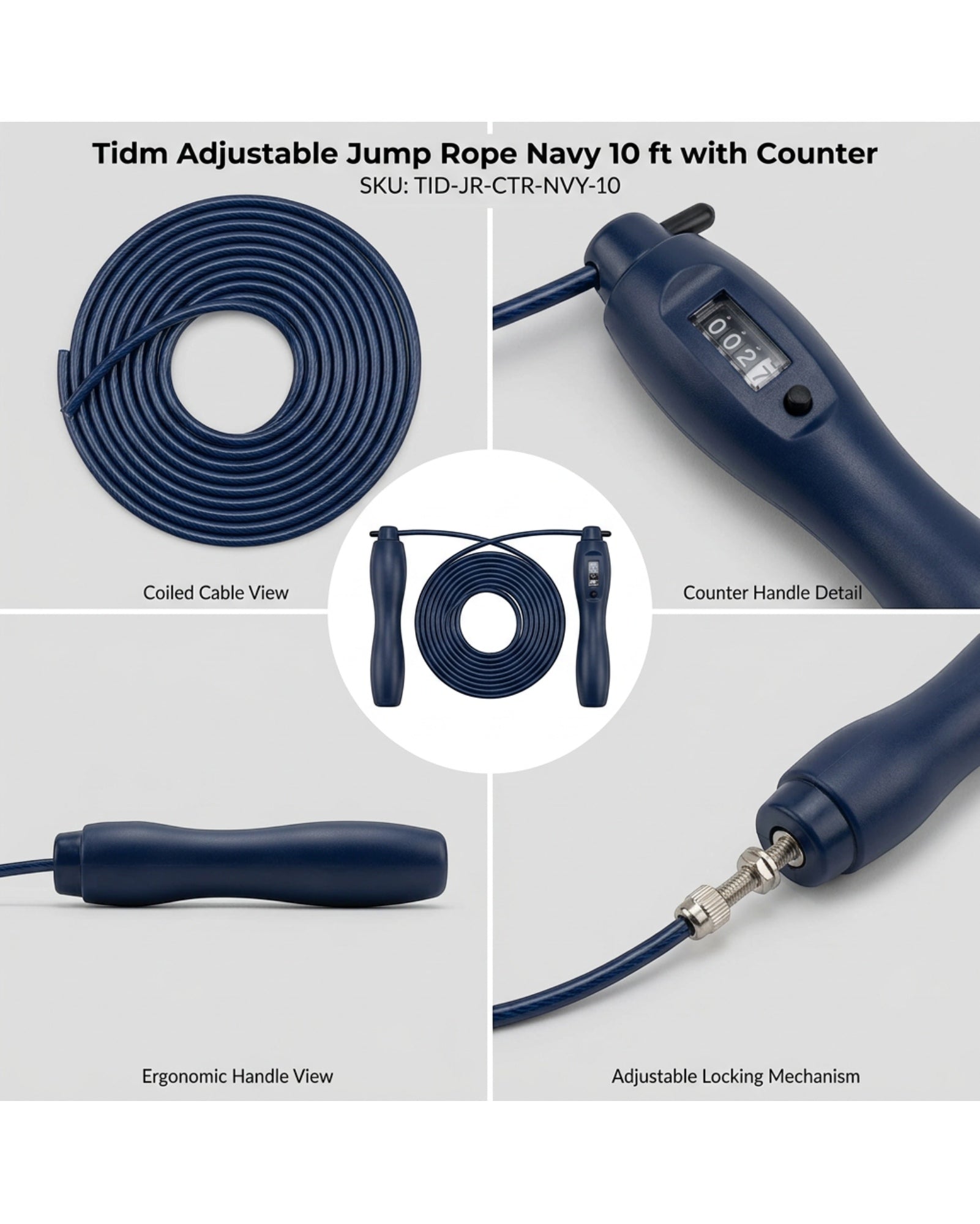 Tidm Adjustable Jump Rope Navy 10 ft with Counter